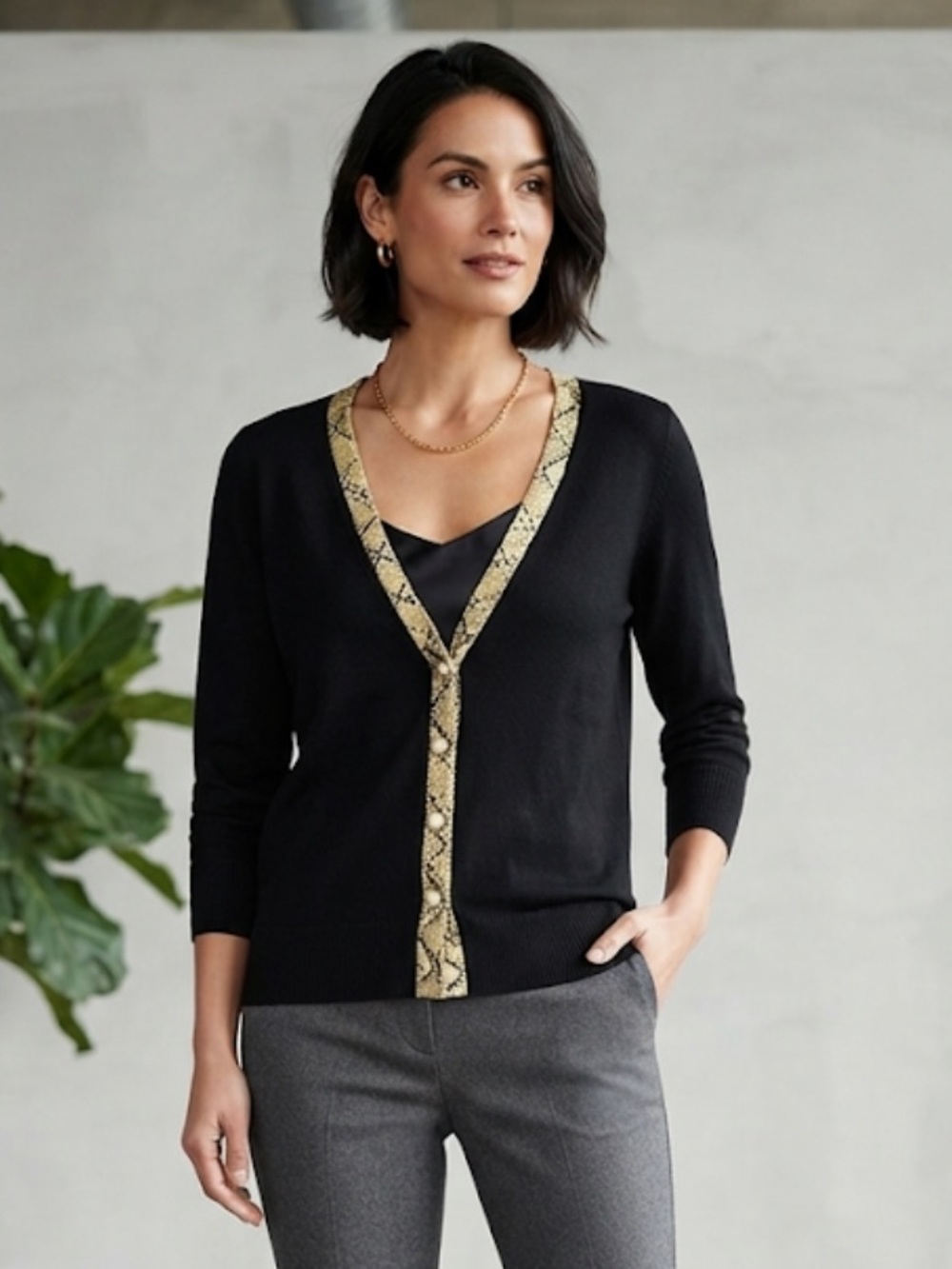 Black V-Neck Cardigan with Snake-Print Trim - Women's Sweater size Large